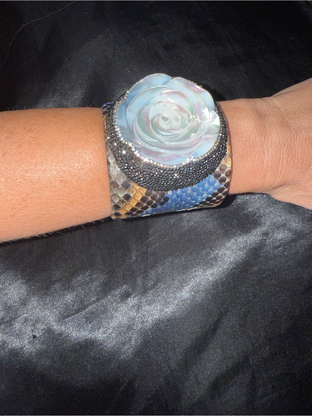 Iridescent Rose With Snakeskin Statement Cuff Bracelet